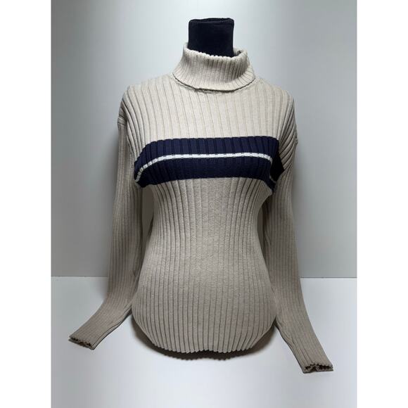Old Navy Sz L Perfect Fit Ribbed Turtleneck Sweater Taupe Blue Classic - Picture 1 of 7